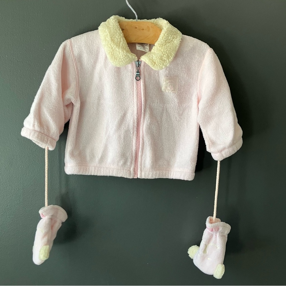 Vintage Baby Fleece Jacket Roots Pink Cream Collar Attached Mits